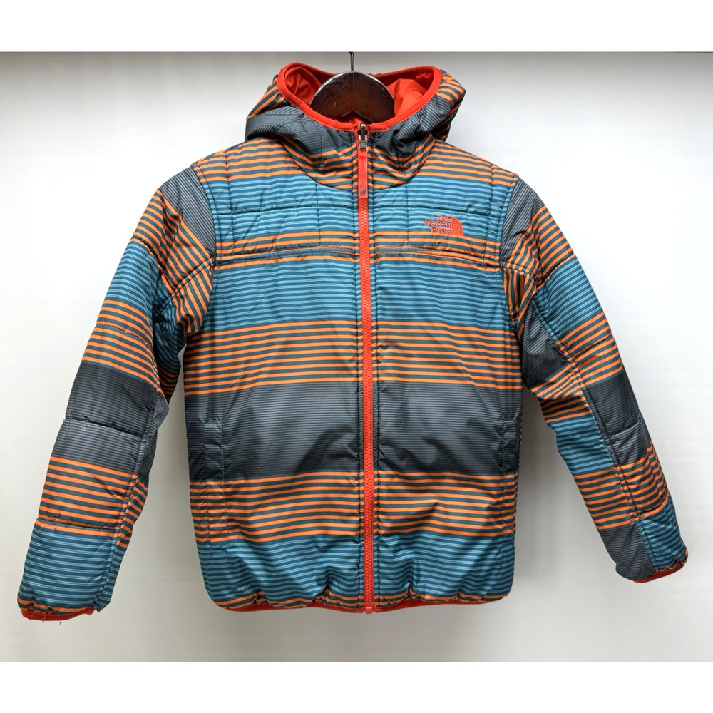 THE NORTH FACE Boys Jacket Medium 10-12 Reversible Orange/ Stripe Hooded Jacket